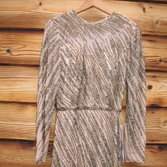 Mac Duggal Long Sleeve Beaded Column Gown Dress Mocha Size 4 - Picture 9 of 14